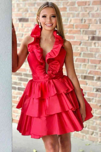 Satin A-Line Halter Neck Ruffle Open Back Short Length Homecoming Dresses