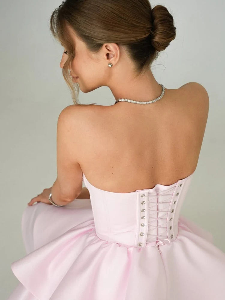 Satin A-Line Spaghetti Strap Sweetheart Neck Corset Lace-Up Back Tiered Short Homecoming Dresses