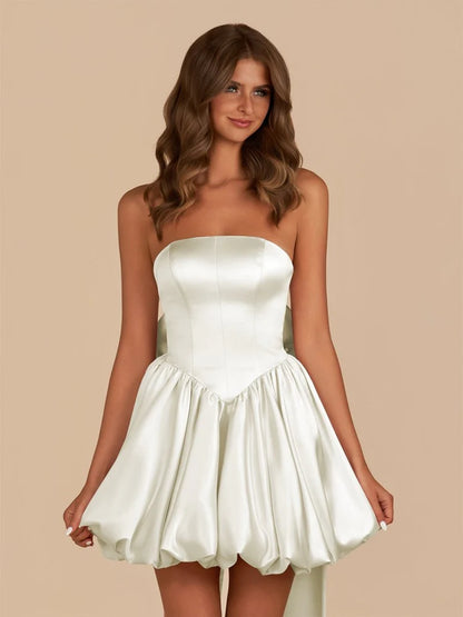 Satin A-Line Strapless Straight Neck Corset Back Bow Short Length Homecoming Dresses