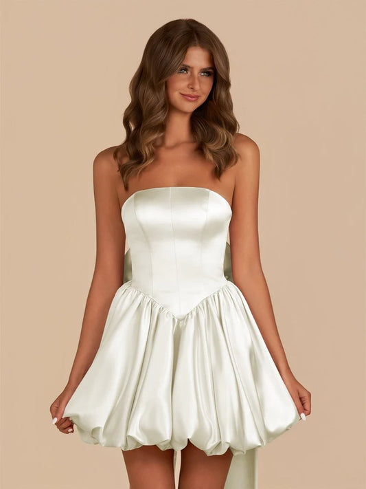 Satin A-Line Strapless Straight Neck Corset Back Bow Short Length Homecoming Dresses