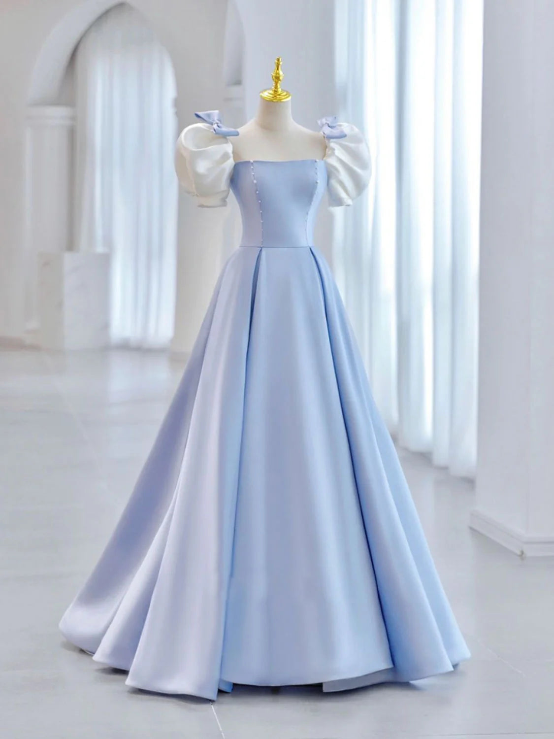 Whimsical Ball Gown Square Neck Puff Sleeves Corset Back Full-Length Prom Dress