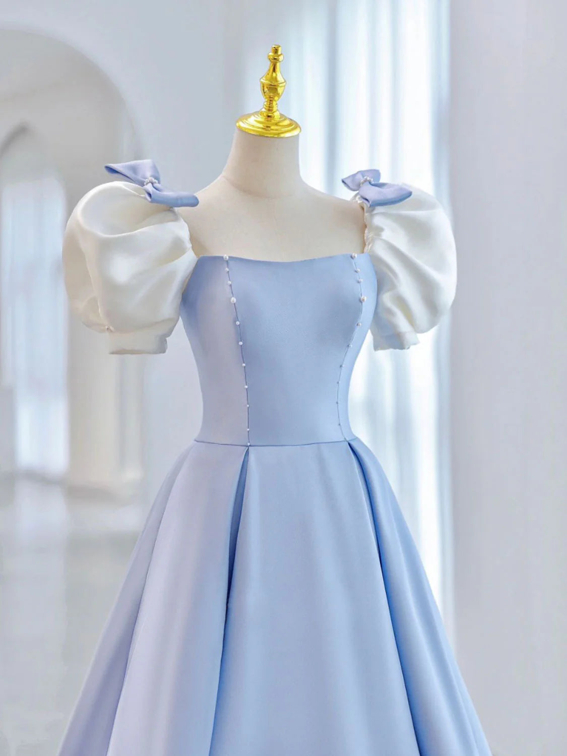Whimsical Ball Gown Square Neck Puff Sleeves Corset Back Full-Length Prom Dress