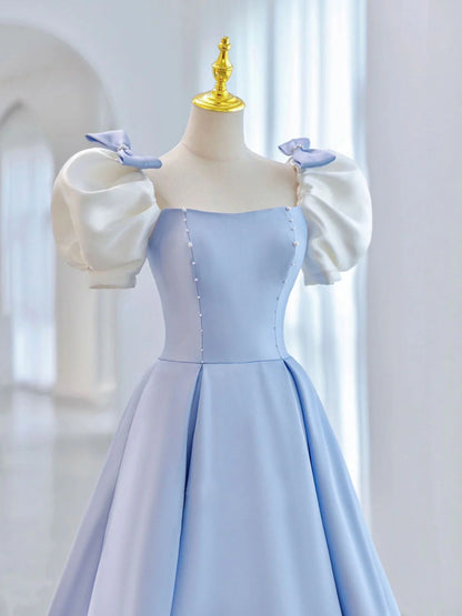 Whimsical Ball Gown Square Neck Puff Sleeves Corset Back Full-Length Prom Dress