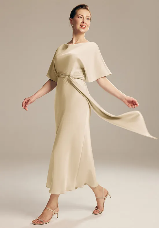 Lustrous Satin Boat Neck Dolman Sleeve Tie-Waist Midi Mother of the Bride Dress