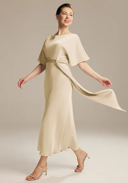 Lustrous Satin Boat Neck Dolman Sleeve Tie-Waist Midi Mother of the Bride Dress