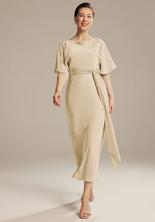 Satin Boat Neck Tie Waist Dolman Sleeve Midi Mother of the Bride Dresses