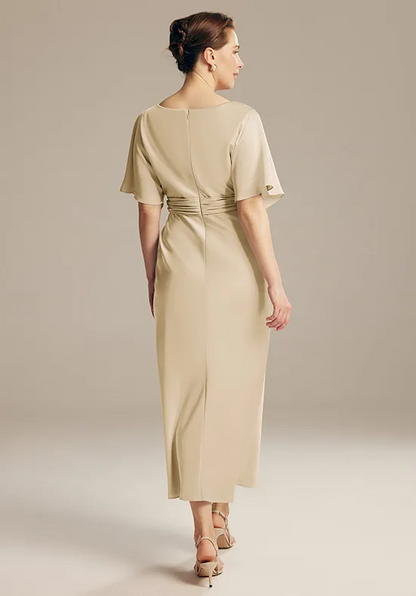 Lustrous Satin Boat Neck Dolman Sleeve Tie-Waist Midi Mother of the Bride Dress