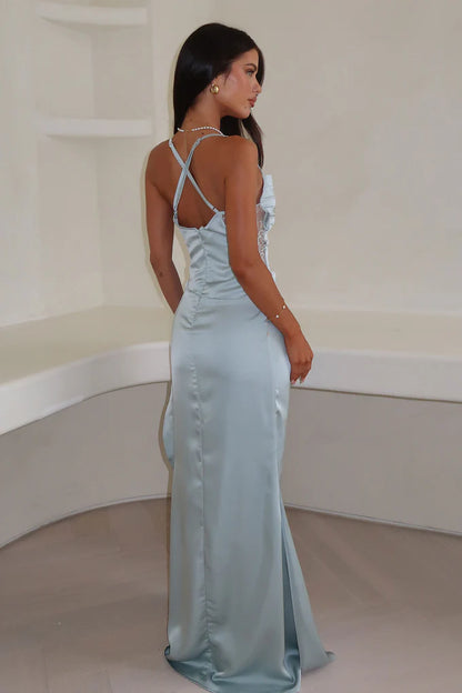 Satin Cowl Neck Lace Side Panel Crisscross Back High Slit Maxi Evening Dress
