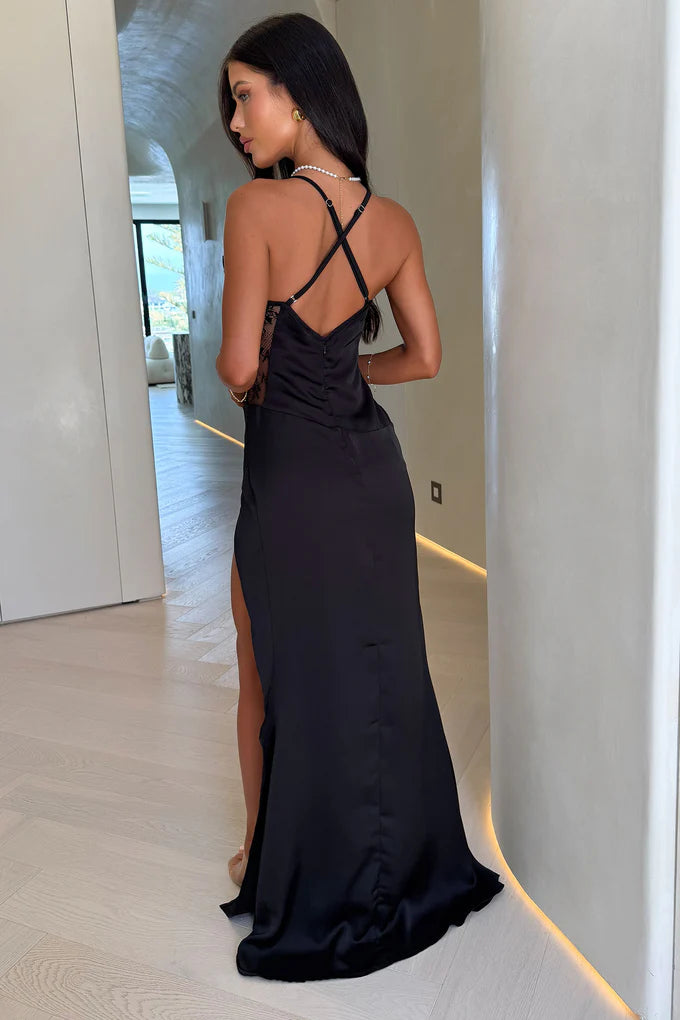 Satin Cowl Neck Lace Side Panel Crisscross Back High Slit Maxi Evening Dress
