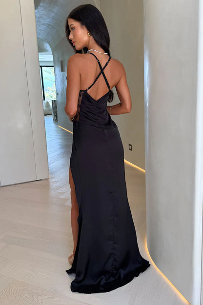 Satin Cowl Neck Lace Side Panel Crisscross Back High Slit Maxi Evening Dress