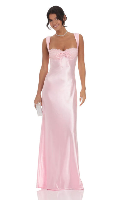 Satin Evening Dress with Sweetheart Neckline, Lace Trim, Bow Detail & Open Back