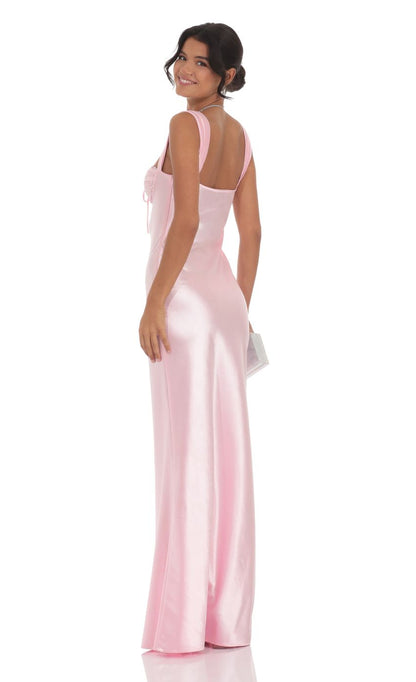 Satin Evening Dress with Sweetheart Neckline, Lace Trim, Bow Detail & Open Back