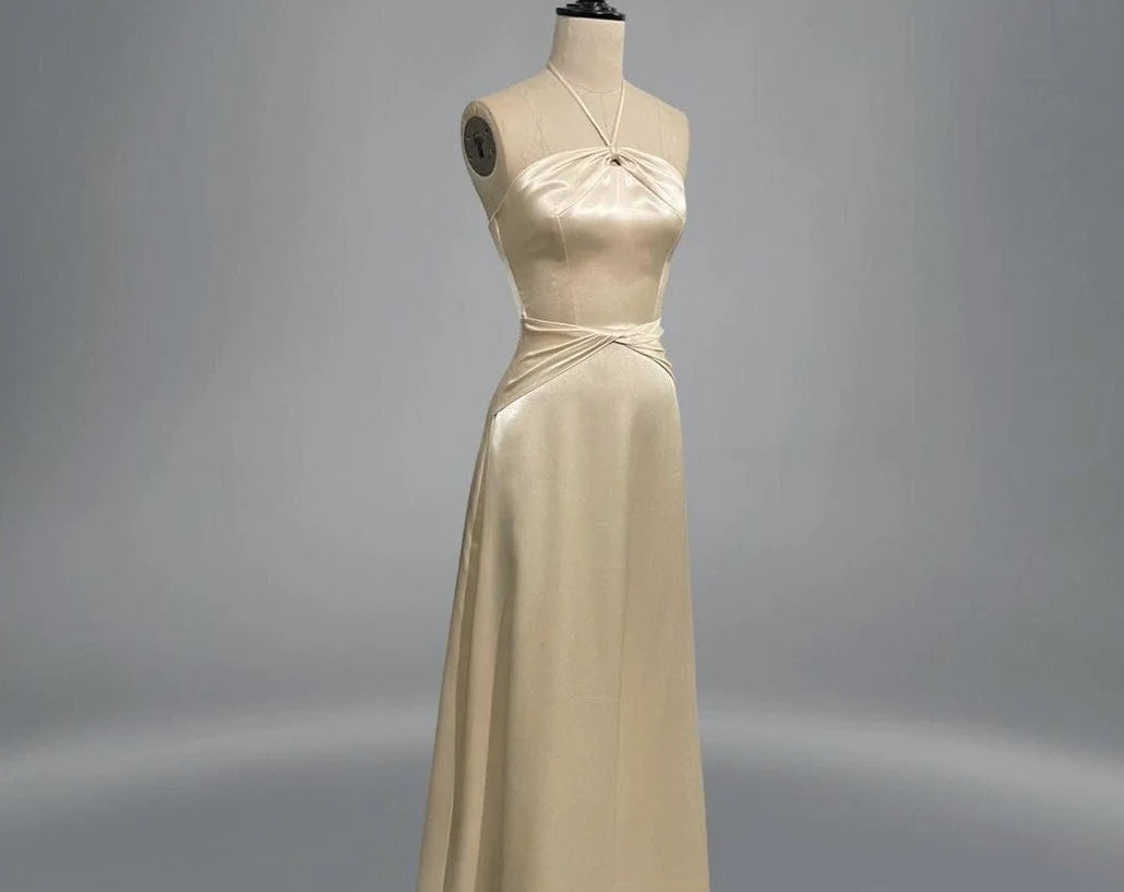 Satin Halter Evening Dresses with Twist Bust Detail, Waist Draped Design and Slim Fit Maxi Silhouette Formal Gown