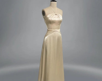Satin Halter Evening Dresses with Twist Bust Detail, Waist Draped Design and Slim Fit Maxi Silhouette Formal Gown