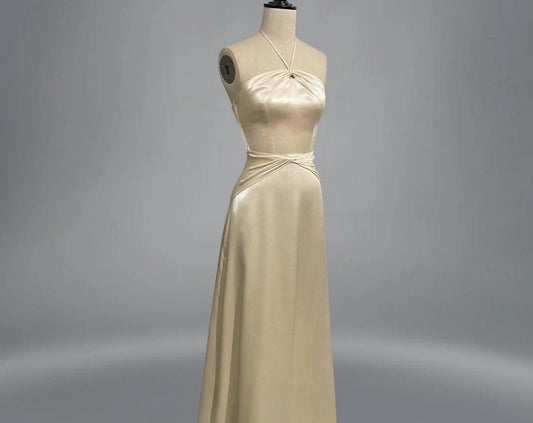 Satin Halter Evening Dresses with Twist Bust Detail, Waist Draped Design and Slim Fit Maxi Silhouette Formal Gown