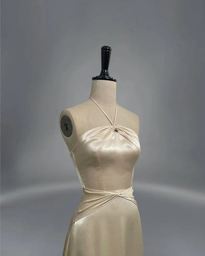 Satin Halter Evening Dresses with Twist Bust Detail, Waist Draped Design and Slim Fit Maxi Silhouette Formal Gown