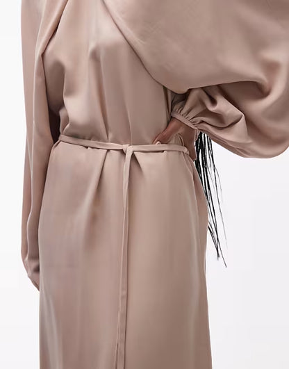 Satin Maxi Dress with Bishop Sleeves, Tie Waist and Keyhole Neck Formal Gown