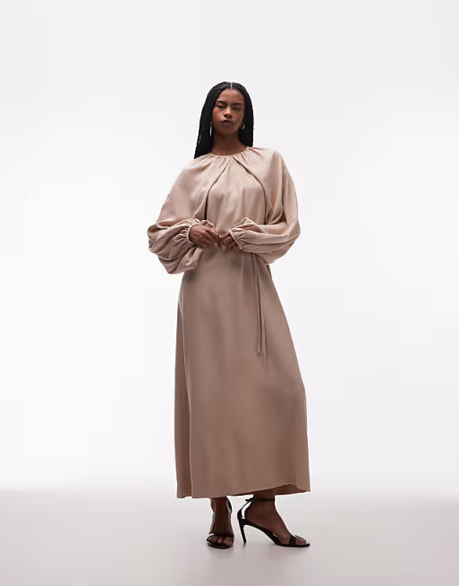 Satin Maxi Dress with Bishop Sleeves, Tie Waist and Keyhole Neck Formal Gown