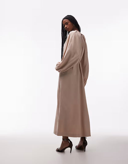 Satin Maxi Dress with Bishop Sleeves, Tie Waist and Keyhole Neck Formal Gown