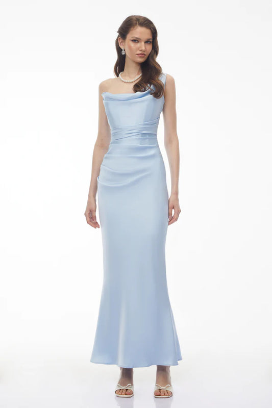 Satin Mermaid Cowl Neck One Shoulder Floor Length Evening Dress with Corset Lace-Up Back