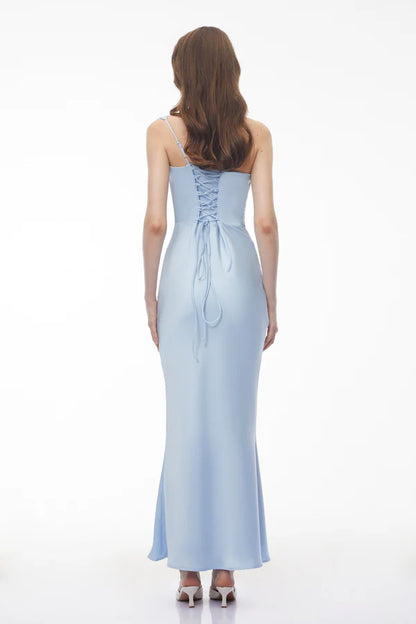 Satin Mermaid Cowl Neck One Shoulder Floor Length Evening Dress with Corset Lace-Up Back