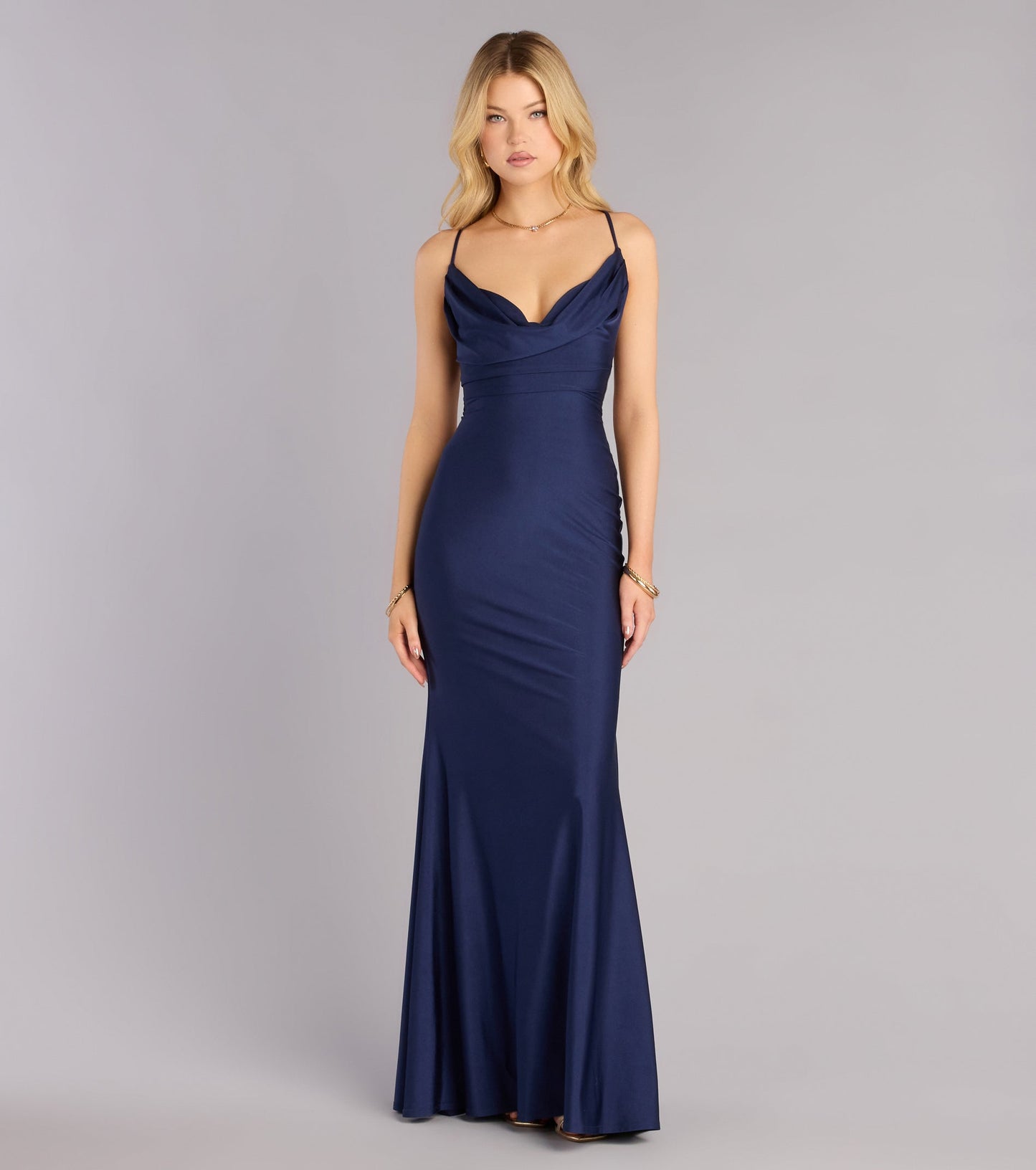 Elegant Satin Mermaid Cowl Neck Lace-Up Open Back Floor Length Evening Dress