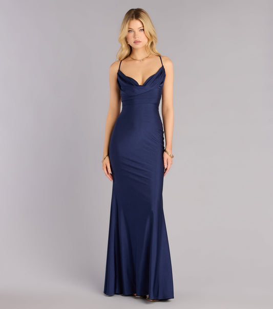 Satin Mermaid Cowl Neck Spaghetti Strap Lace-Up Open Back Floor Length Evening Dress