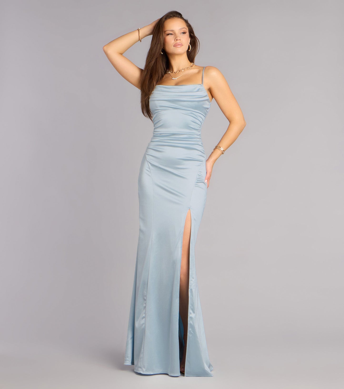 Elegant Satin Mermaid Cowl Neck Ruched High Slit Floor Length Evening Dress