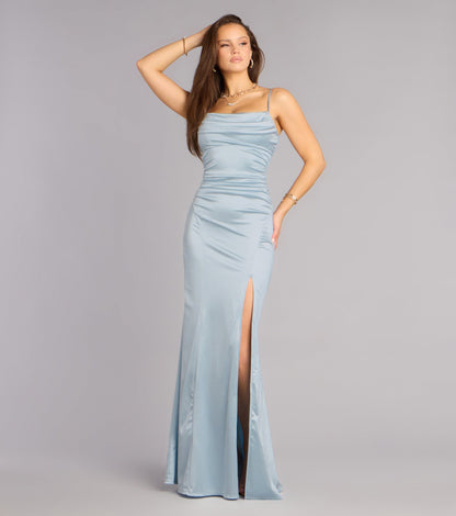 Elegant Satin Mermaid Cowl Neck Ruched High Slit Floor Length Evening Dress