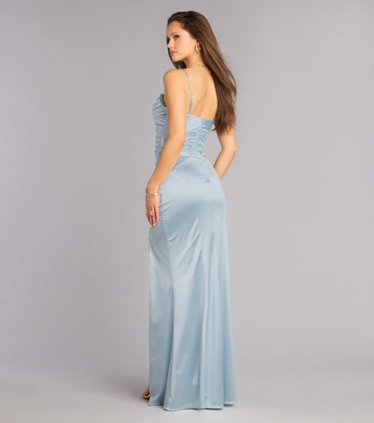 Elegant Satin Mermaid Cowl Neck Ruched High Slit Floor Length Evening Dress