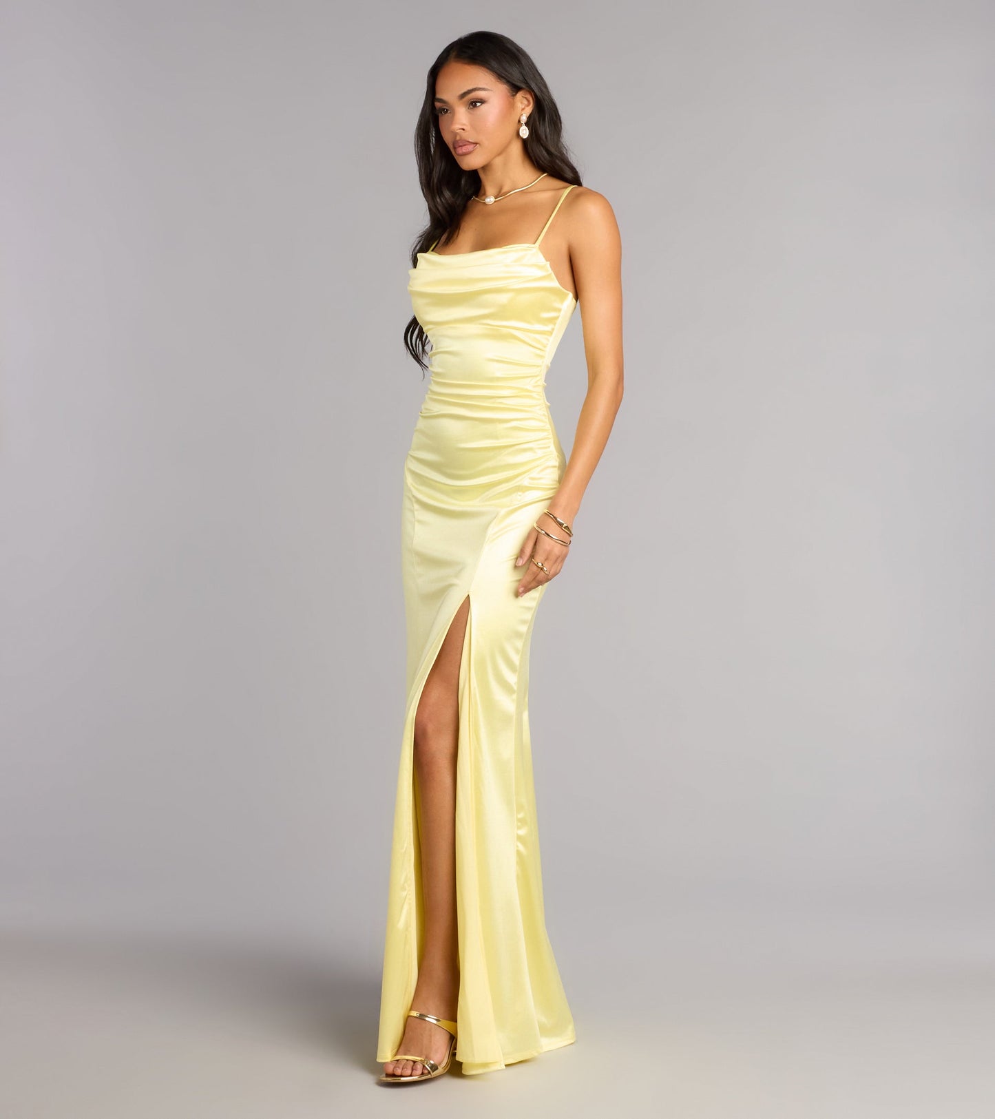 Elegant Satin Mermaid Cowl Neck Ruched High Slit Floor Length Evening Dress