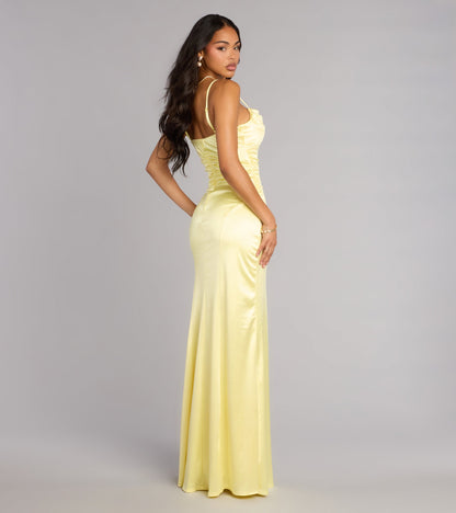 Elegant Satin Mermaid Cowl Neck Ruched High Slit Floor Length Evening Dress