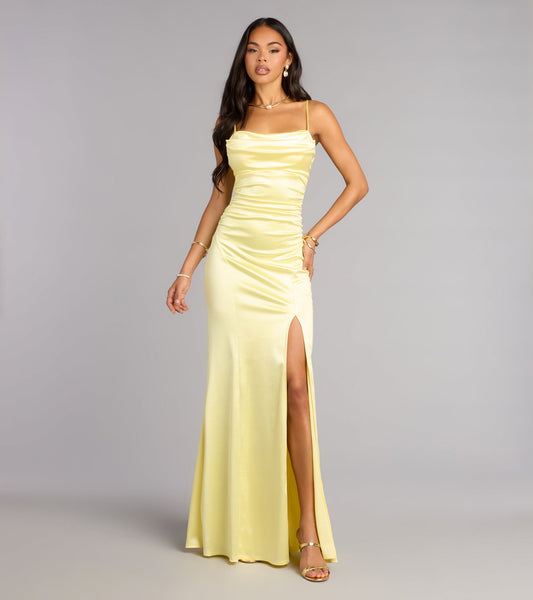Satin Mermaid Cowl Neck Spaghetti Strap Ruched High Slit Floor Length Evening Dress