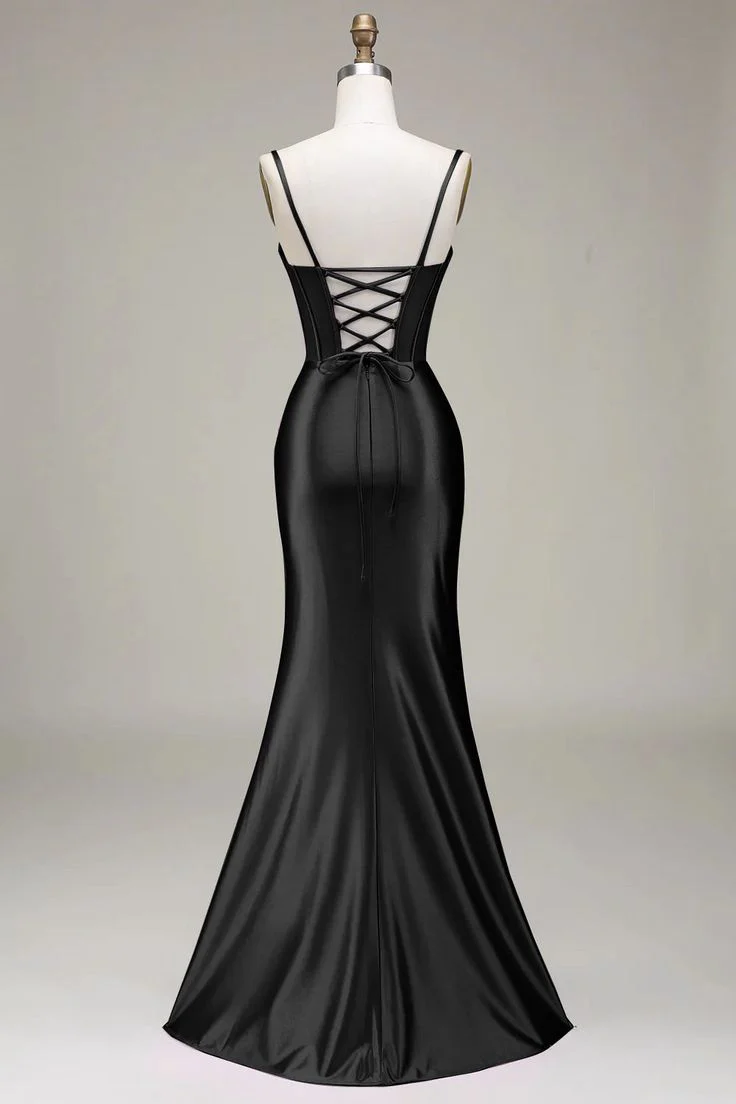 Satin Mermaid Cowl Neck Spaghetti Straps Corset-Back Floor-Length Slit Prom Dress