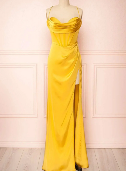 Satin Mermaid Cowl Neck Spaghetti Straps Corset-Back Floor-Length Slit Prom Dress