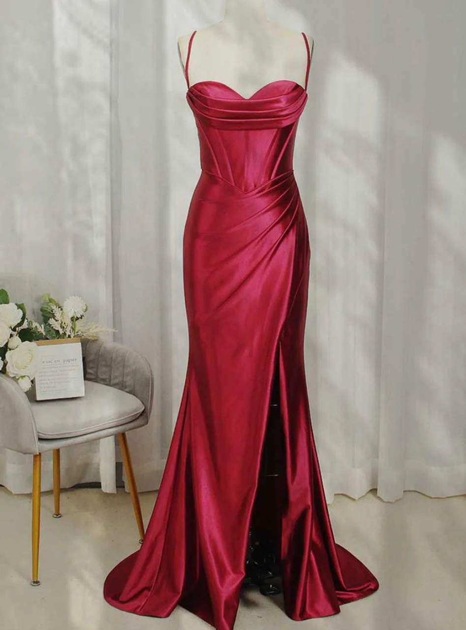 Satin Mermaid Cowl Neck Spaghetti Straps Corset-Back Floor-Length Slit Prom Dress