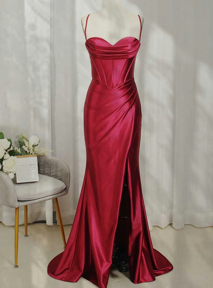 Satin Mermaid Cowl Neck Spaghetti Straps Corset-Back Floor-Length Slit Prom Dress