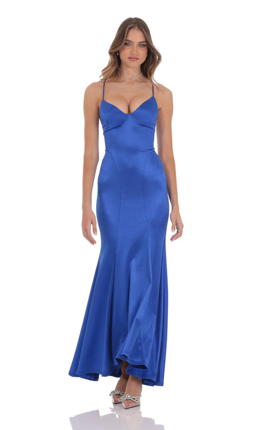 Satin Mermaid Evening Dress with Sweetheart Neckline, Crisscross Lace-Up Back & Flared Train