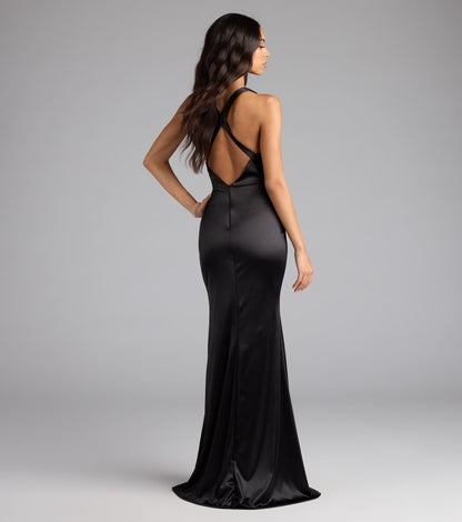 Elegant Satin Mermaid Halter V-Neck Ruched High Slit Floor Length Evening Dress