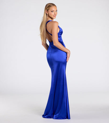 Elegant Satin Mermaid Halter V-Neck Ruched High Slit Floor Length Evening Dress