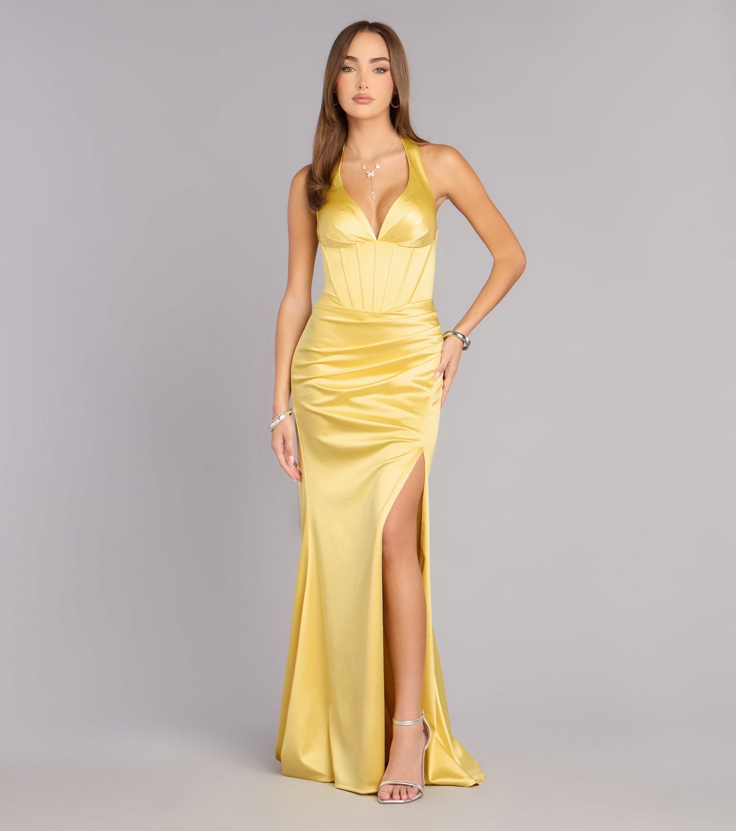Elegant Satin Mermaid Halter V-Neck Corset Slit Floor Length Evening Dress