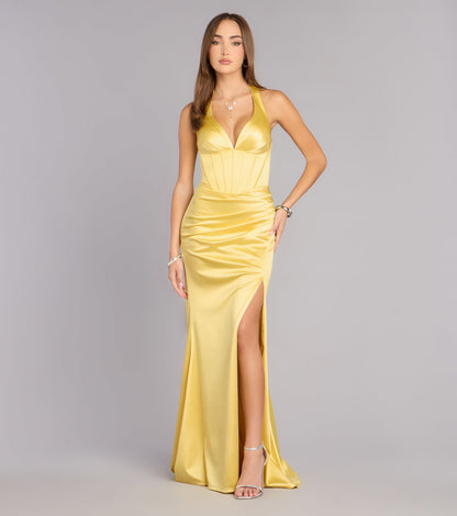 Elegant Satin Mermaid Halter V-Neck Corset Slit Floor Length Evening Dress