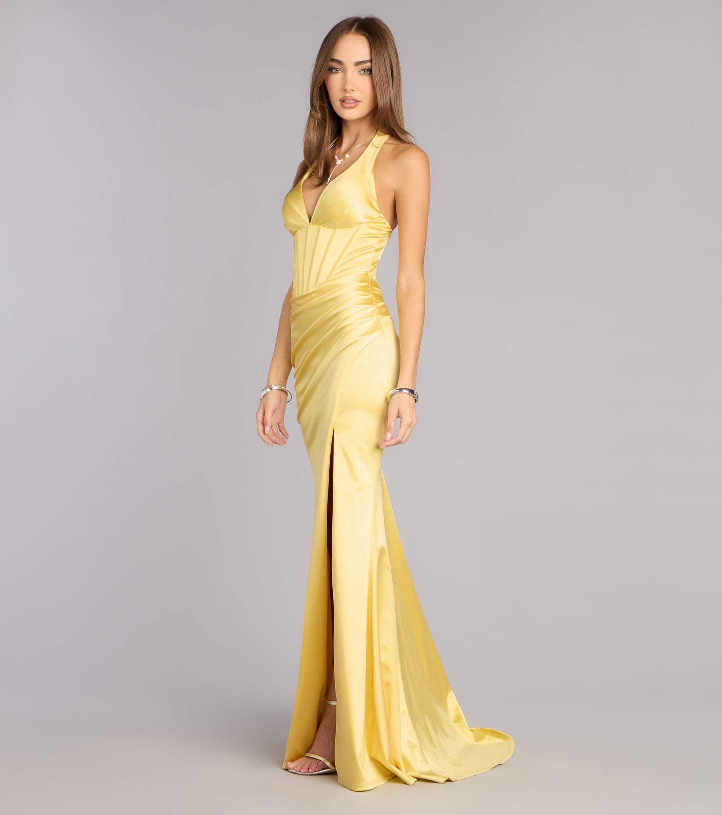 Elegant Satin Mermaid Halter V-Neck Corset Slit Floor Length Evening Dress