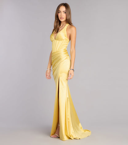 Elegant Satin Mermaid Halter V-Neck Corset Slit Floor Length Evening Dress