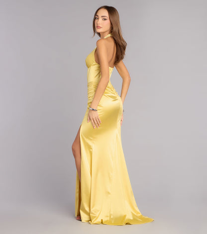 Elegant Satin Mermaid Halter V-Neck Corset Slit Floor Length Evening Dress