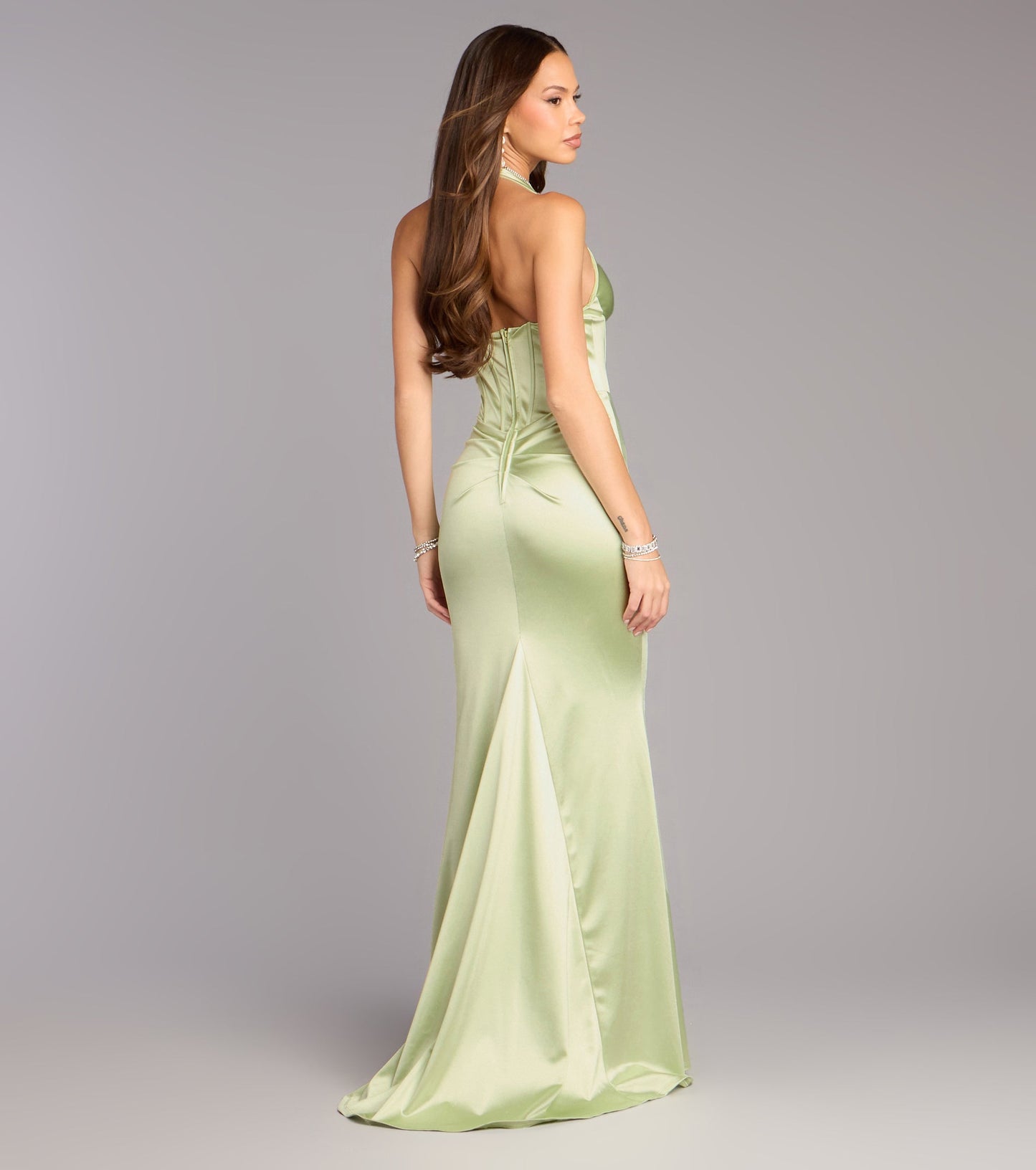 Elegant Satin Mermaid Halter V-Neck Corset Slit Floor Length Evening Dress