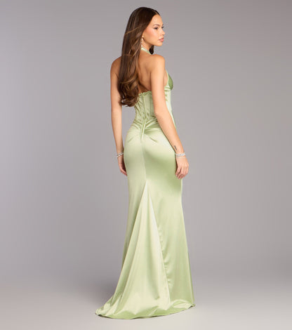 Elegant Satin Mermaid Halter V-Neck Corset Slit Floor Length Evening Dress