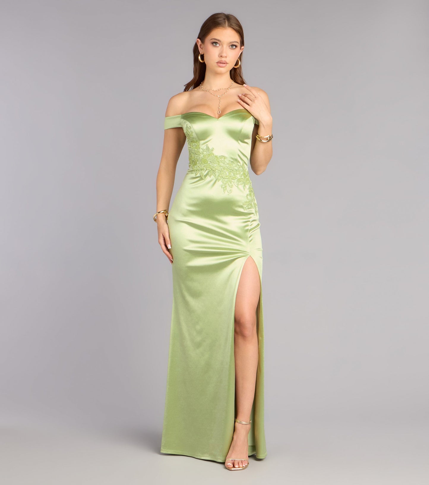 Glamorous Satin Mermaid Off-Shoulder Lace-Up High Slit Floor Length Evening Gown