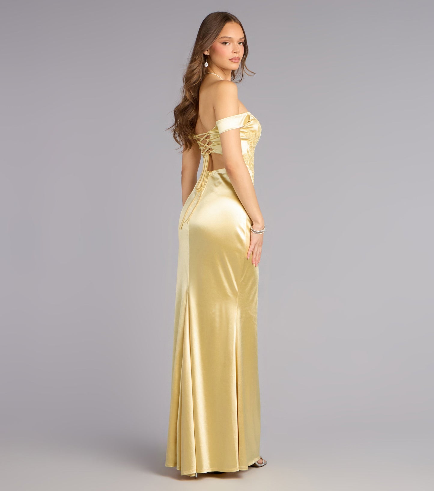 Glamorous Satin Mermaid Off-Shoulder Lace-Up High Slit Floor Length Evening Gown
