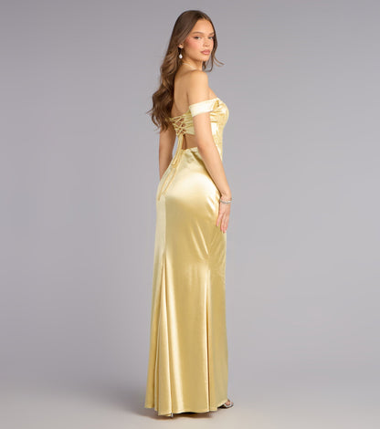 Glamorous Satin Mermaid Off-Shoulder Lace-Up High Slit Floor Length Evening Gown